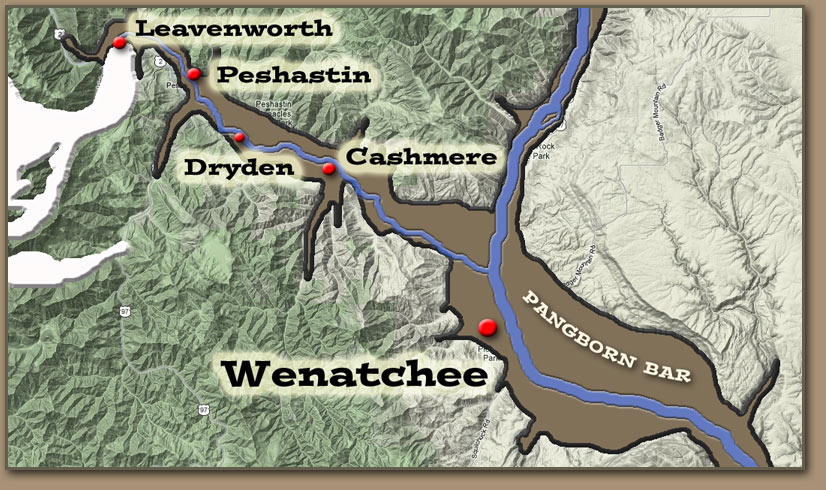 Approximate limits of flooding during Ice Age Flood events near the site of Wenatchee, WA.