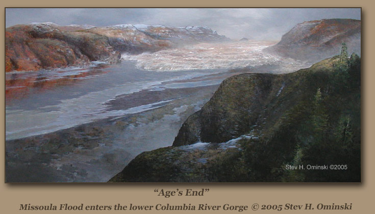 Age's End by Stev Ominski. Ice Age Floodwaters enter the Columbia Gorge.